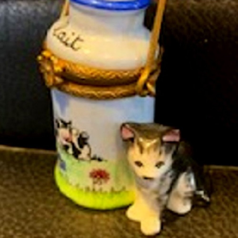 Limoges Porcelain Box Cat Cow Milk Jug & Bottle - Picture 2 of 7